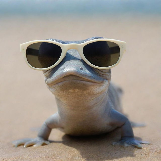 An amusing mudskipper fish comically wearing a pair of sleek sunglasses.