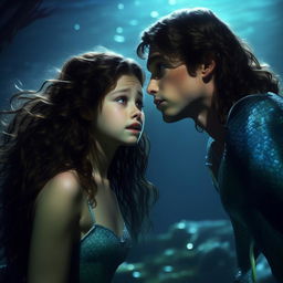 Generate a live-action style image. It features a beautiful mermaid, Elena, who has just found a boy, Jake, drowning deep underwater. Jake has shoulder length dark hair and is lanky, yet boyishly handsome.