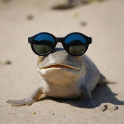 An amusing mudskipper fish comically wearing a pair of sleek sunglasses.