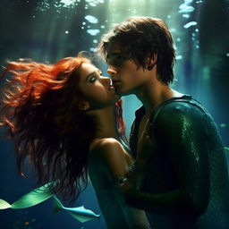 Generate a live-action style image. It features a beautiful mermaid, Elena, who has just found a boy, Jake, drowning deep underwater. Jake has shoulder length dark hair and is lanky, yet boyishly handsome.