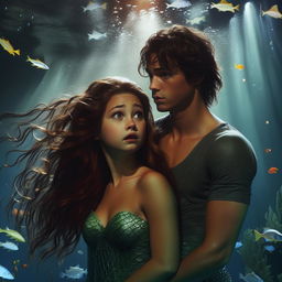 Generate a live-action style image. It features a beautiful mermaid, Elena, who has just found a boy, Jake, drowning deep underwater. Jake has shoulder length dark hair and is lanky, yet boyishly handsome.