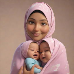 Generate a Pixar-inspired animation of a young mother in a hijab, lovingly playing with her newborn twin girls.