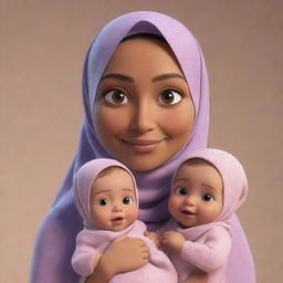 Generate a Pixar-inspired animation of a young mother in a hijab, lovingly playing with her newborn twin girls.