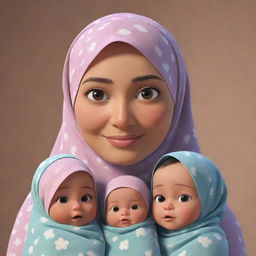 Generate a Pixar-inspired animation of a young mother in a hijab, lovingly playing with her newborn twin girls.