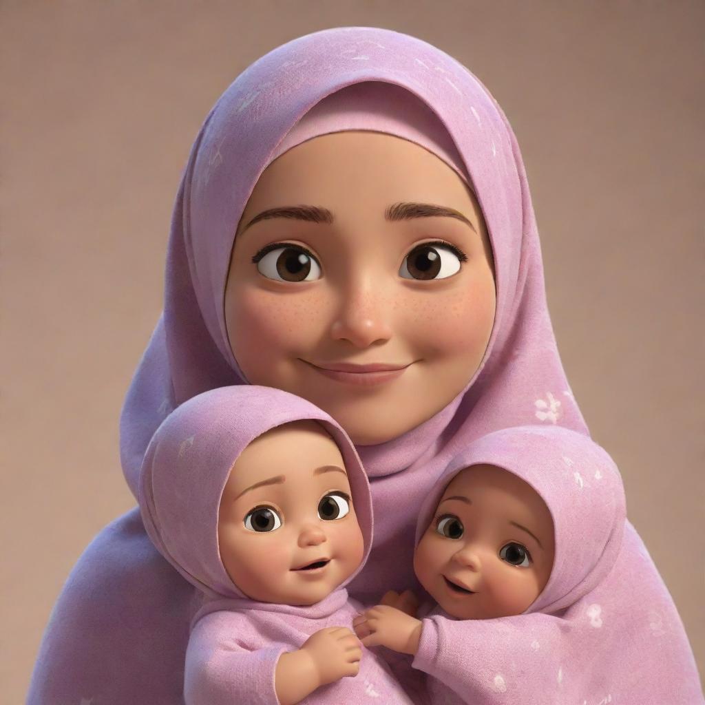 Generate a Pixar-inspired animation of a young mother in a hijab, lovingly playing with her newborn twin girls.