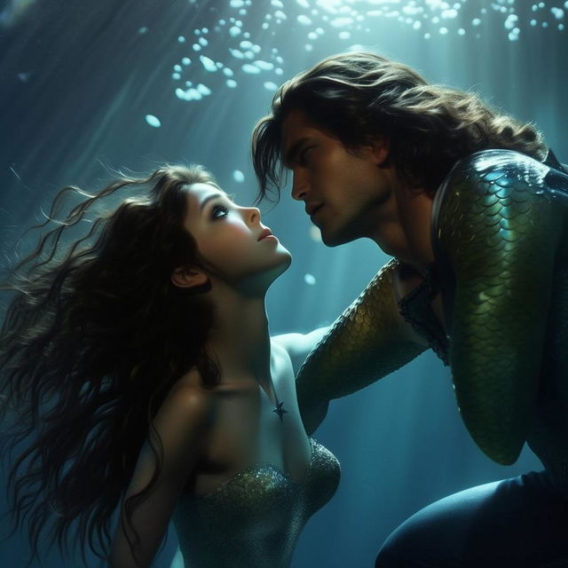 Generate a live-action style image. It features a beautiful mermaid, Elena, who has just found a boy, Jake, drowning deep underwater. Jake has shoulder length dark hair and is lanky, yet boyishly handsome.