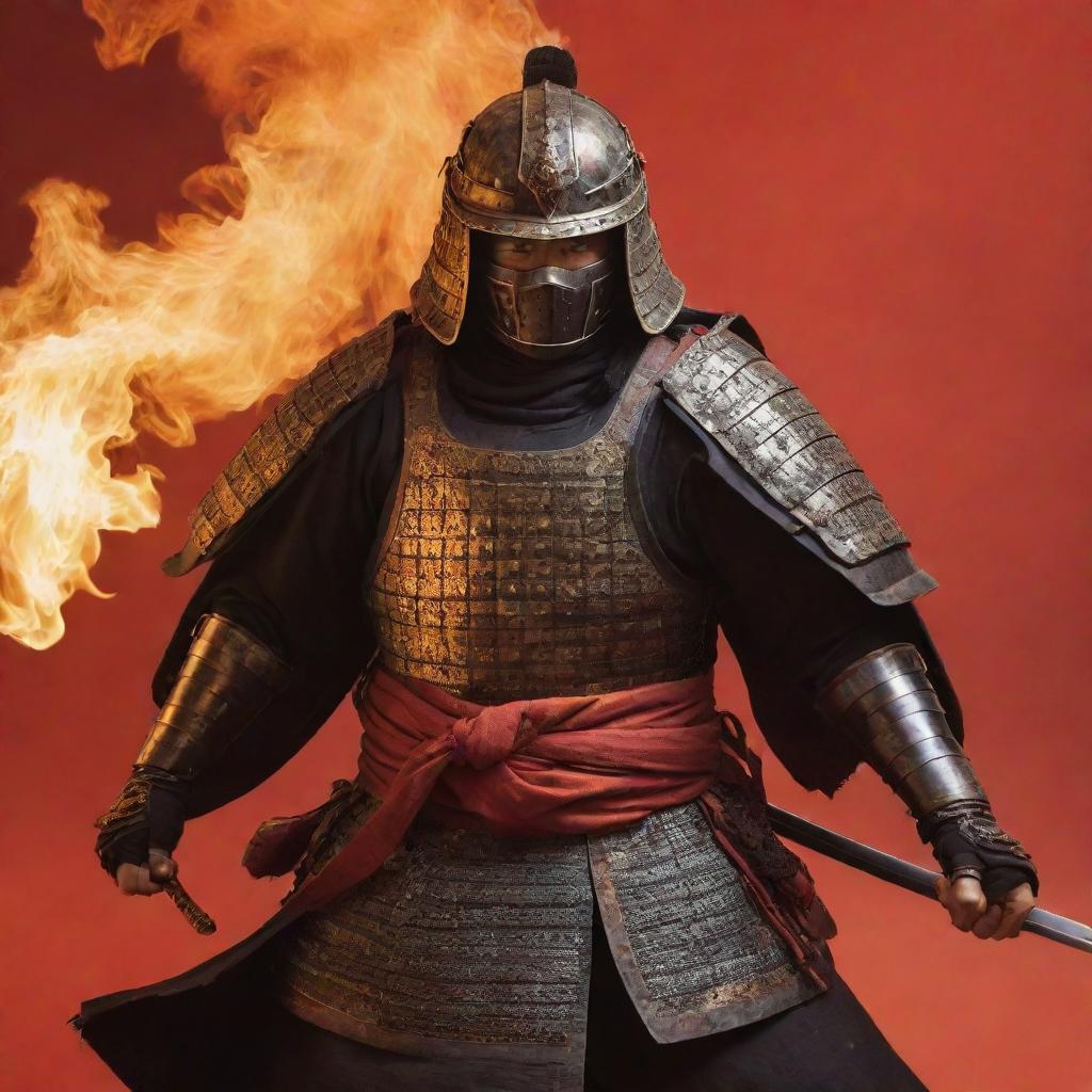 A fierce samurai cloaked in traditional armor, dramatically breathing fire against a vibrant red-orange background.