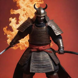 A fierce samurai cloaked in traditional armor, dramatically breathing fire against a vibrant red-orange background.