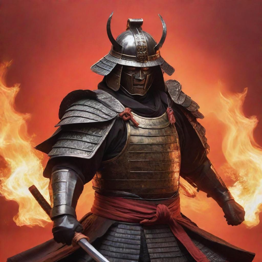 A fierce samurai cloaked in traditional armor, dramatically breathing fire against a vibrant red-orange background.