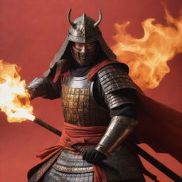 A fierce samurai cloaked in traditional armor, dramatically breathing fire against a vibrant red-orange background.