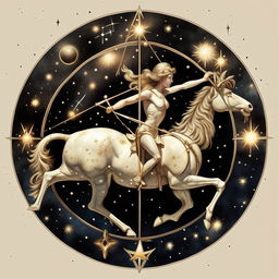 Create an artful representation of the zodiac sign Sagittarius, symbolizing an individual born on November 22, 1993, with celestial elements suggesting a birth time of 3:07 am.