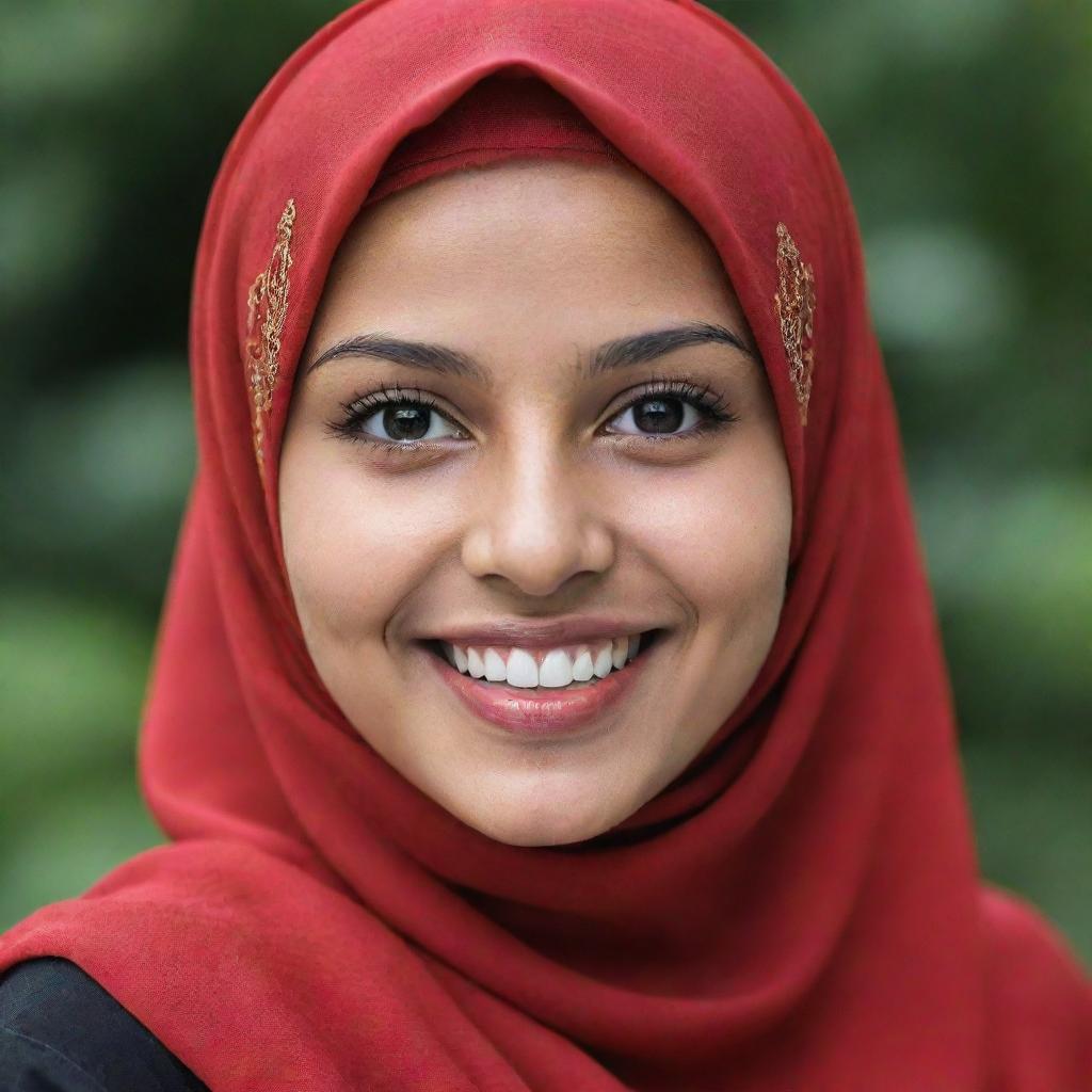 A beautiful young Muslim girl with a radiant smile, gracefully wearing a rich and vibrant red hijab.