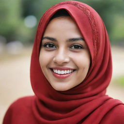 A beautiful young Muslim girl with a radiant smile, gracefully wearing a rich and vibrant red hijab.