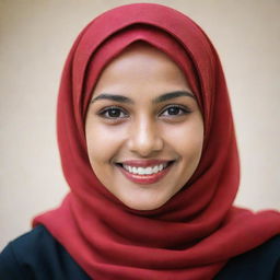 A beautiful young Muslim girl with a radiant smile, gracefully wearing a rich and vibrant red hijab.