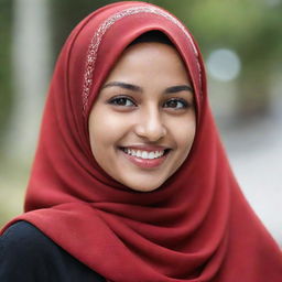 A beautiful young Muslim girl with a radiant smile, gracefully wearing a rich and vibrant red hijab.