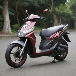 A Yamaha Xeon GT 125 scooter customized to resemble the Kamen Rider Knight theme, complete with a dark red and silver color scheme.