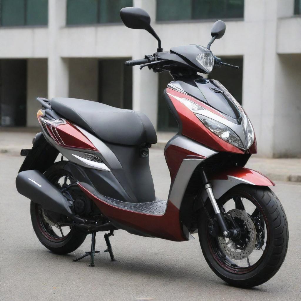 A Yamaha Xeon GT 125 scooter customized to resemble the Kamen Rider Knight theme, complete with a dark red and silver color scheme.