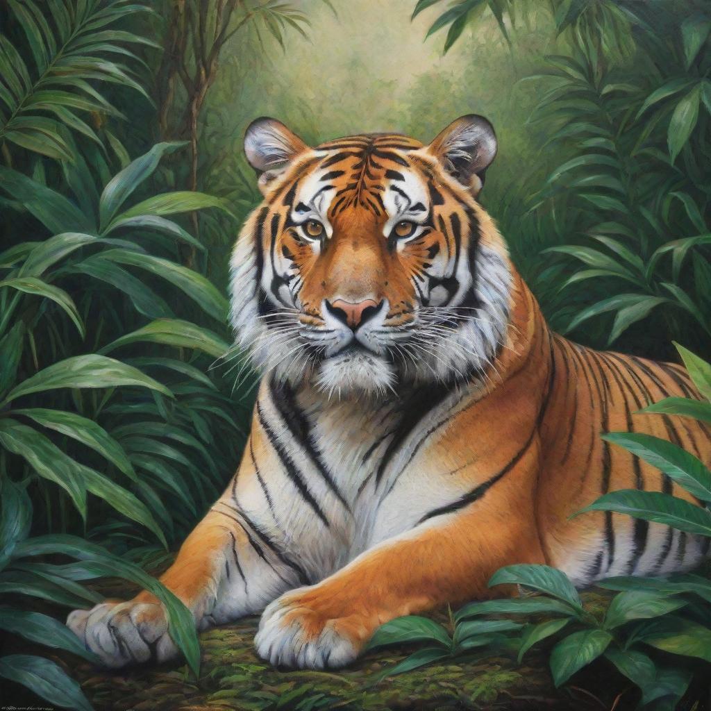 A highly detailed and vibrant painting of a majestic tiger, relaxing in a lush jungle setting