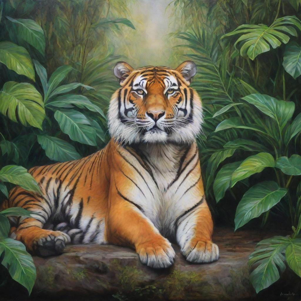 A highly detailed and vibrant painting of a majestic tiger, relaxing in a lush jungle setting