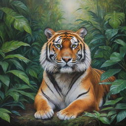 A highly detailed and vibrant painting of a majestic tiger, relaxing in a lush jungle setting