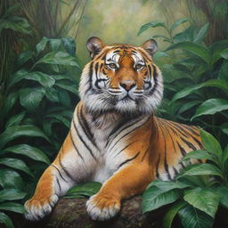 A highly detailed and vibrant painting of a majestic tiger, relaxing in a lush jungle setting