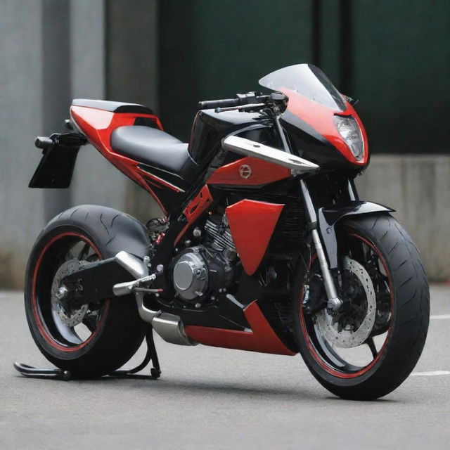 A Xeon GT 125 motorcycle modified to incorporate a design inspired by Kamen Rider Knight. Include striking black and red accents, and futuristic elements in line with the Kamen Rider theme.