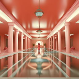 Create an image with symmetrical framing and pastel colors in the style of Wes Anderson's Grand Budapest Hotel. The scene depicts a beautiful mermaid, Elena, who has just swam into a drowning boy.