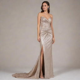 A formal dress with drape design made from shimmering lamé fabric