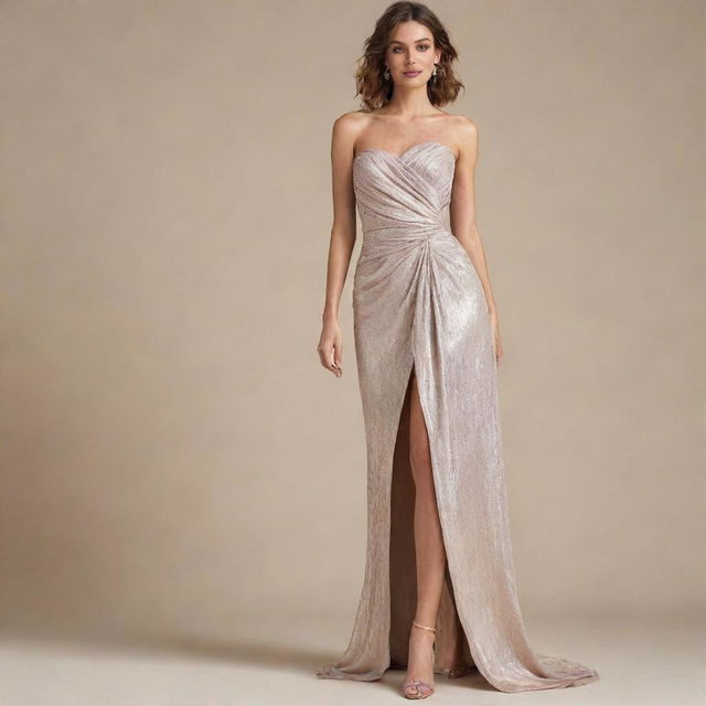 A formal dress with drape design made from shimmering lamé fabric