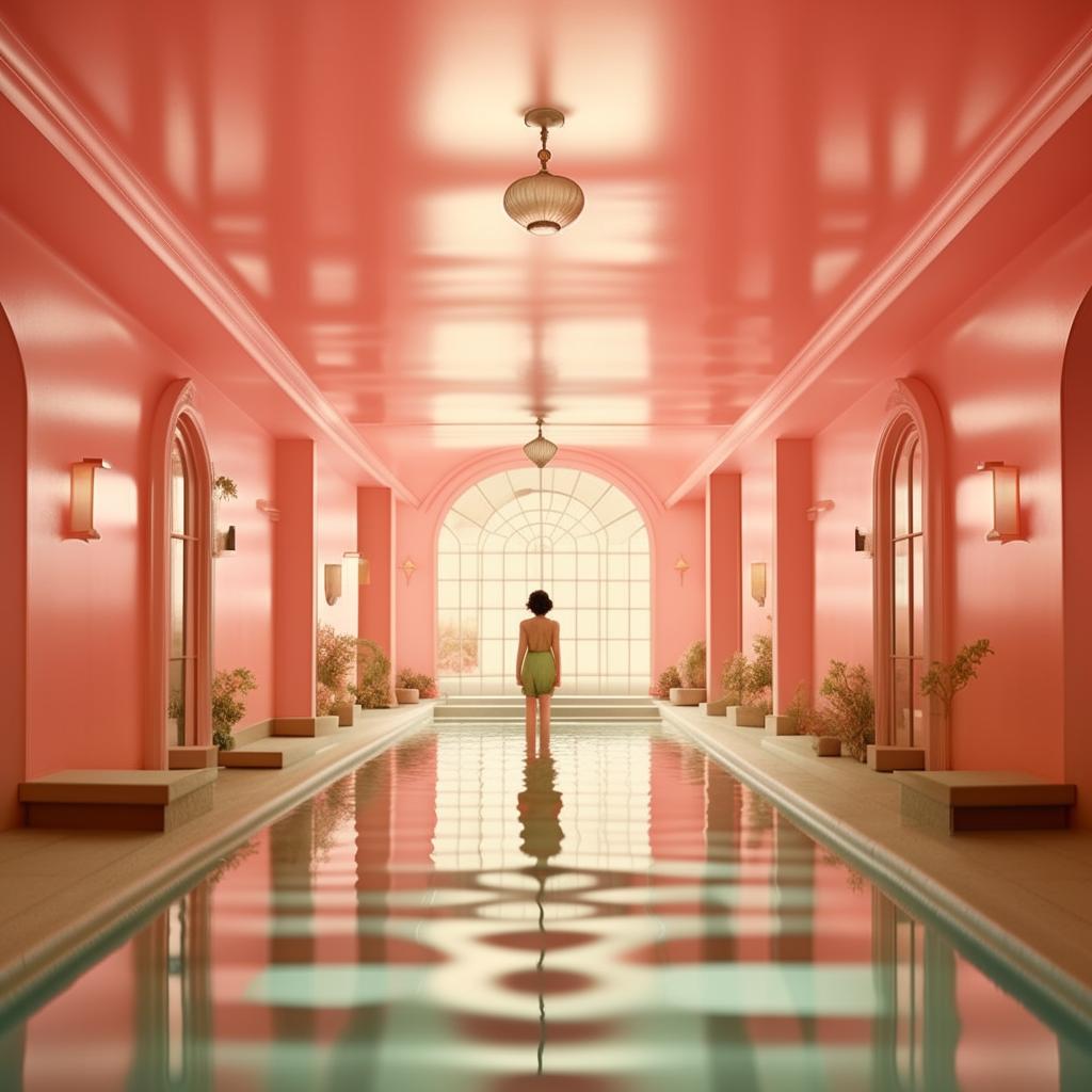 Create an image with symmetrical framing and pastel colors in the style of Wes Anderson's Grand Budapest Hotel. The scene depicts a beautiful mermaid, Elena, who has just swam into a drowning boy.