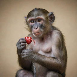 A thoughtful monkey expertly connecting its own heart and brain using a wire, highlighting the intricate nature of self-awareness and emotion.