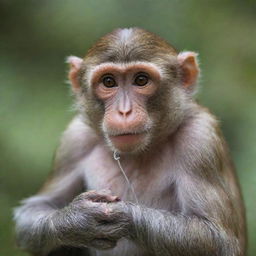 A thoughtful monkey expertly connecting its own heart and brain using a wire, highlighting the intricate nature of self-awareness and emotion.