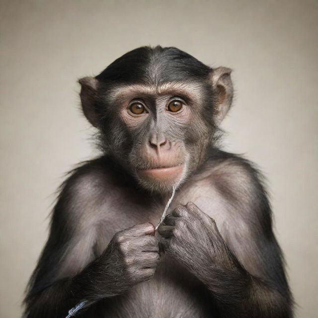 A thoughtful monkey expertly connecting its own heart and brain using a wire, highlighting the intricate nature of self-awareness and emotion.