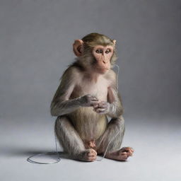 A thoughtful monkey expertly connecting its own heart and brain using a wire, highlighting the intricate nature of self-awareness and emotion.