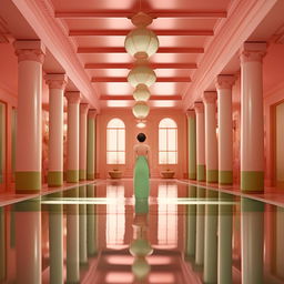 Create an image with symmetrical framing and pastel colors in the style of Wes Anderson's Grand Budapest Hotel. The scene depicts a beautiful mermaid, Elena, who has just swam into a drowning boy.