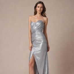 A formal dress with drape design made from shimmering lamé fabric