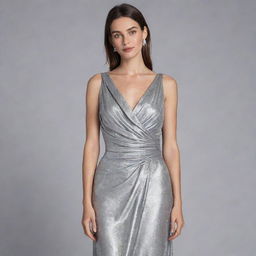 A formal dress with drape design made from shimmering lamé fabric