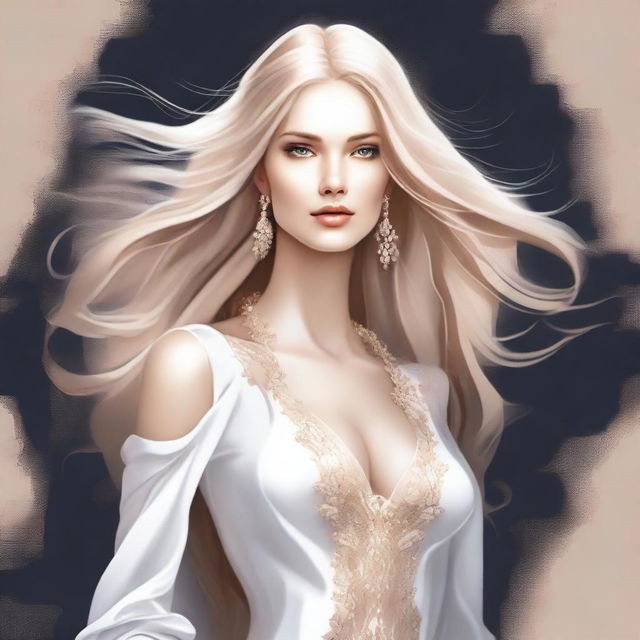 A digital art illustration of an elegant, slim white woman with flowing blonde hair