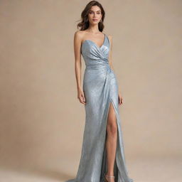 A formal dress with drape design made from shimmering lamé fabric