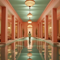 Create an image with symmetrical framing and pastel colors in the style of Wes Anderson's Grand Budapest Hotel. The scene depicts a beautiful mermaid, Elena, who has just swam into a drowning boy.