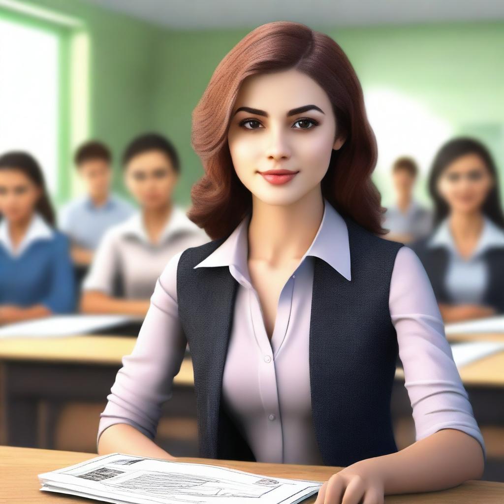 A high-quality, realistic image of a stylish young woman in a classroom