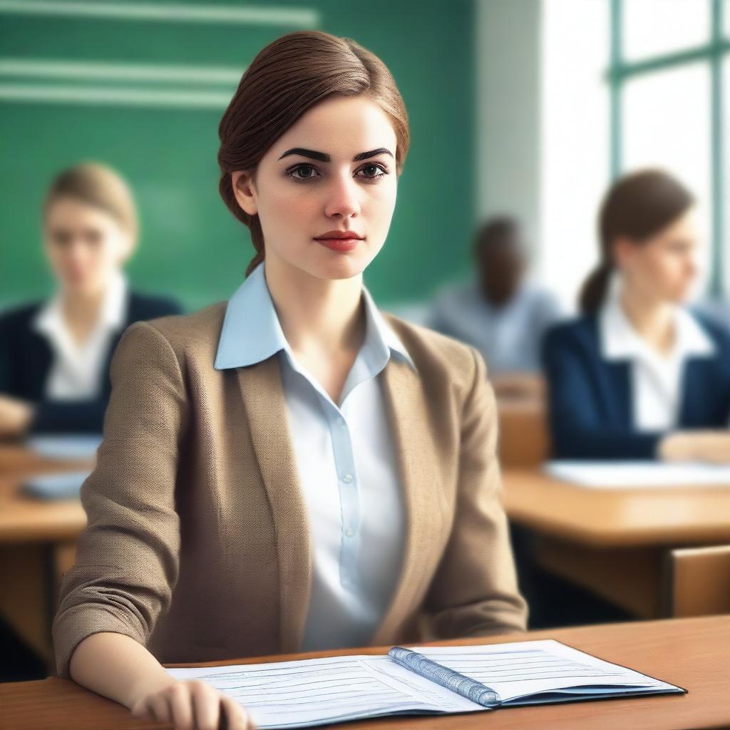 A high-quality, realistic image of a stylish young woman in a classroom