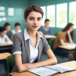 A high-quality, realistic image of a stylish young woman in a classroom