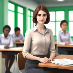 A high-quality, realistic image of a stylish young woman in a classroom