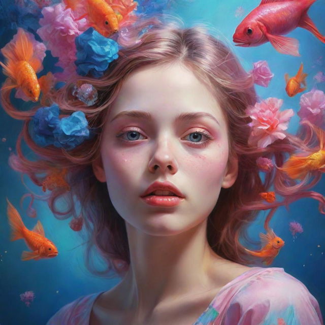 A hyper-realistic digital painting of a girl in a surreal dreamworld. Capture stunning details, vibrant colors and intricate dreamlike elements.