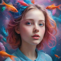 A hyper-realistic digital painting of a girl in a surreal dreamworld. Capture stunning details, vibrant colors and intricate dreamlike elements.