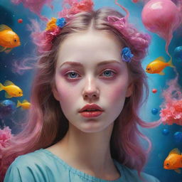 A hyper-realistic digital painting of a girl in a surreal dreamworld. Capture stunning details, vibrant colors and intricate dreamlike elements.