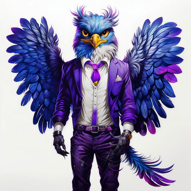 A high-definition digital art image of a unique furry character, a blend of human and bird, dressed in a chic outfit