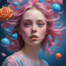 A hyper-realistic digital painting of a girl in a surreal dreamworld. Capture stunning details, vibrant colors and intricate dreamlike elements.