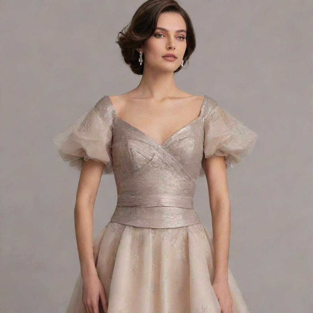 An elegant woman's formal wear combining lamé, tulle, and satin materials, featuring a loose collar and dropping sleeves